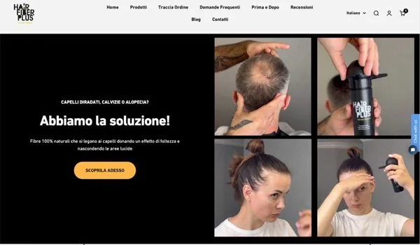 Homepage of the hairfiberplus.com Shopify store with demo videos of the hair fiber