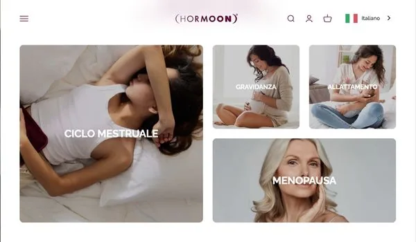 Guided navigation of the hormoonskincare.com Shopify store: menstrual cycle, pregnancy, breastfeeding, menopause