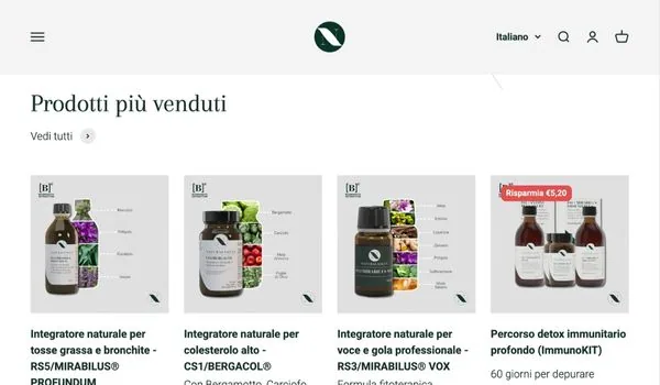 Best-selling products section of the naturalsalus.it Shopify store: natural supplements