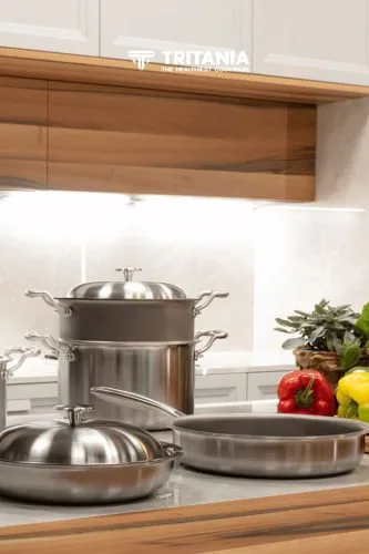 Steel cookware in a kitchen, Tritania campaign, housewares