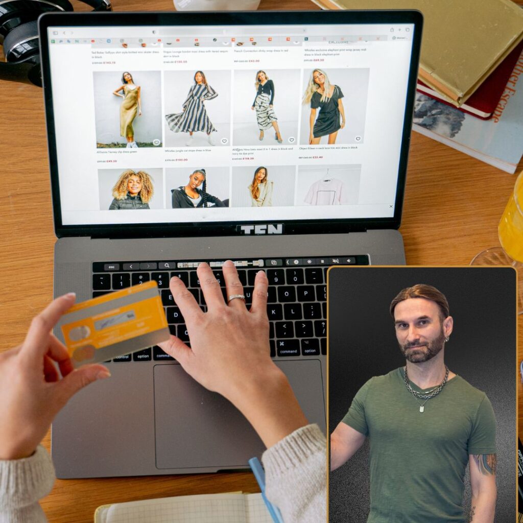 ecommerce a person holding a credit card and a laptop